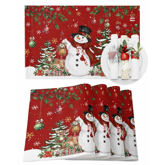 Christmas Placemats Set of 6, Snowman Deer Place Mats Berry Holly Xmas Balls Red Placemat Table Decoration for Kitchen Table Dinner Xmas Holiday Party Home Decor Indoor Outdoor 13x19 Inch
