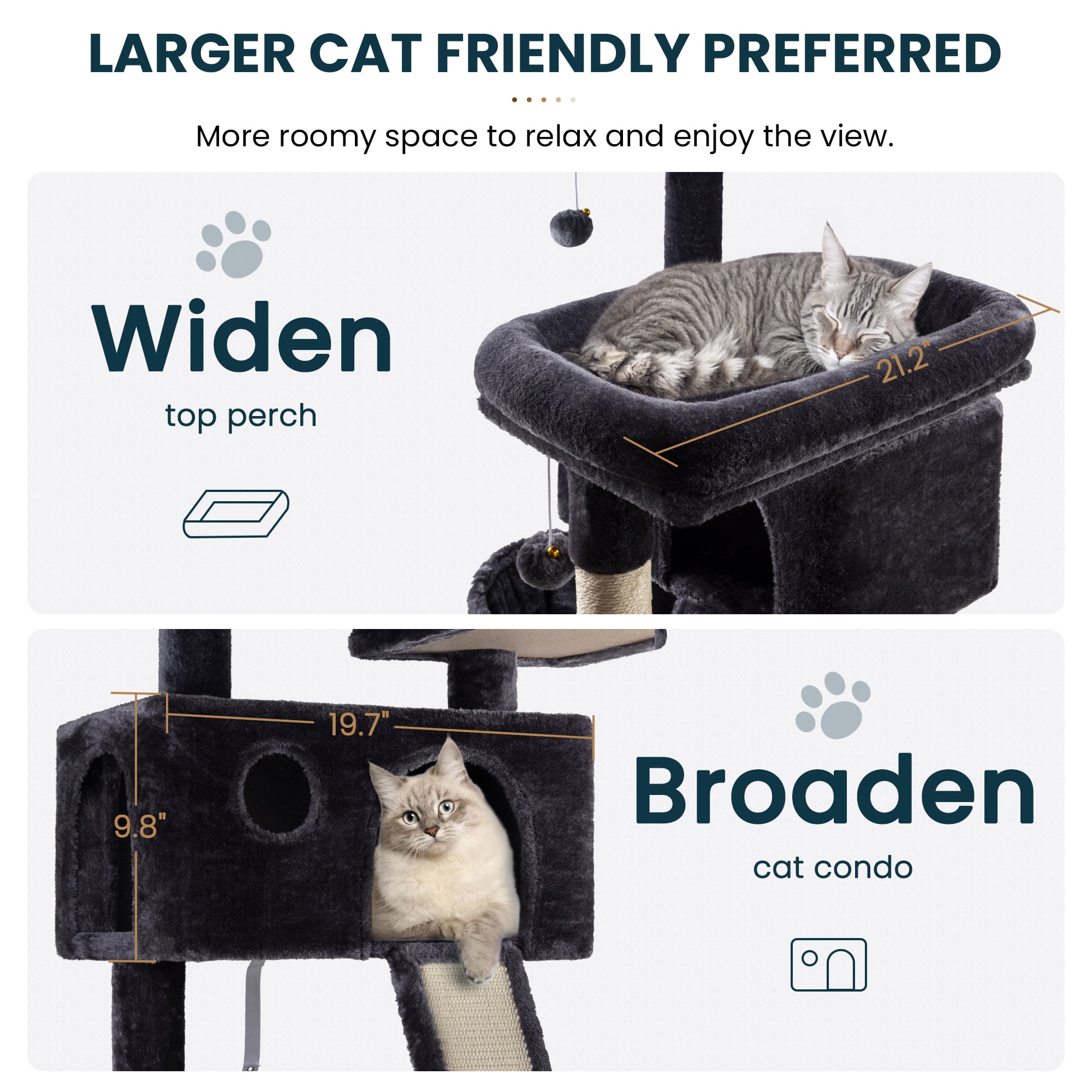 Merrland 65.7 " Large Cat Tree Tower Condo for Cats with 2 Scratching Ramps, Hammock & Scratching Posts, Dark Blue