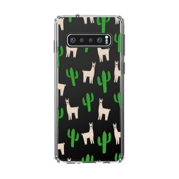 DistinctInk Clear Shockproof Hybrid Case for Samsung Galaxy S10  PLUS(6.4" Screen) - TPU Bumper, Acrylic Back, Tempered Glass Screen Protector - Llamas and Cacti Cactus
