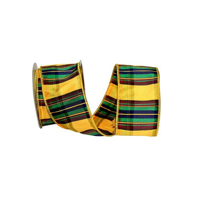 Reliant Ribbon 92941W-079-40F Plaid Elizabeth Dupioni Wired Edge Ribbon - Yellow - 2.5 in. x 10 yards