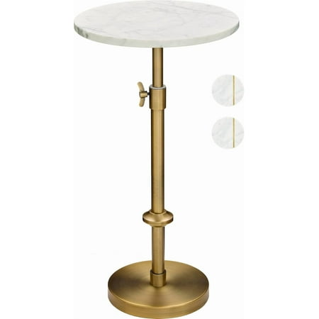 Adjustable-Height Marble Drink Table - xx- Marble & Antique Brass Modern Round End Table Side Table with Pedestal Stand for Small Spaces Vintage Metal Martini Cockta