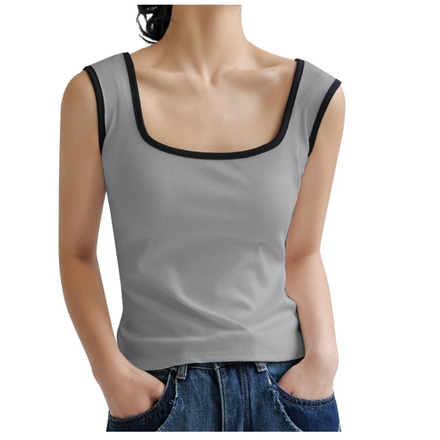 Besolor Womens Rib Tank Top Sleeveless Color Block Workout Top Square Neck Tank Shirts Basic Cami Tops for Summer