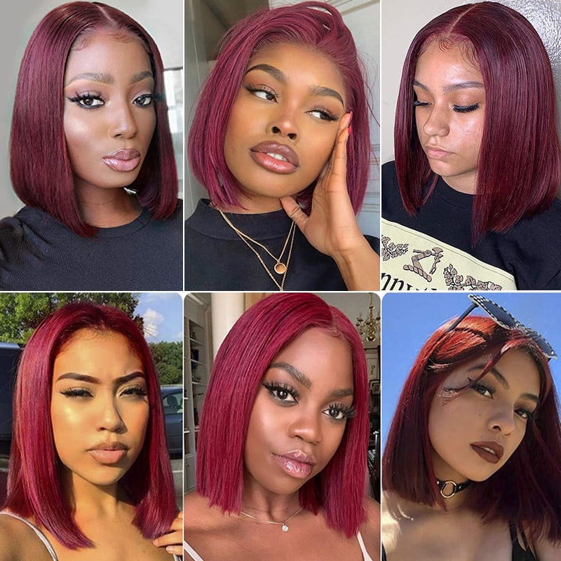 99J Red Wig Burgandy Human Hair Wigs Straight Bob Wig Colored Human Hair 13x4 Lace Frontal Wigs PrePlucked Wigs for Women