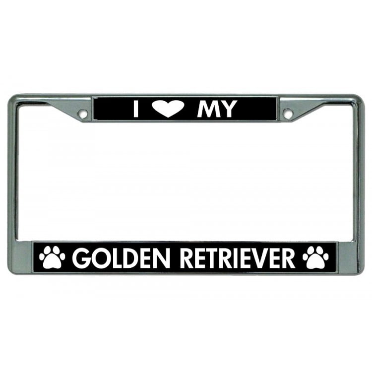 "I Love My Golden Retrievers" Metal License Plate Frame - Aluminum, 4 Holes, Fits Standard 12x6" Plates