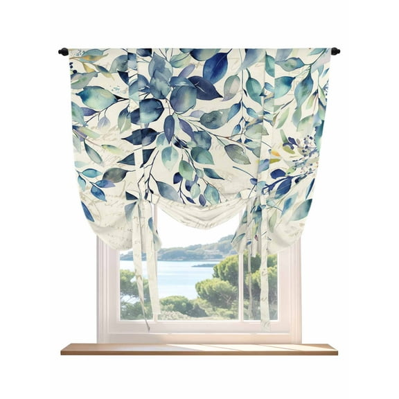 Blue Teal Eucalyptus Leaves Tie Up Curtains for Windows 63 Inch Length Balloon Curtains Kitchen Adjustable Balloon Window Shade Watercolor Vintage Botanical Tie Up Bathroom Curtain Window 42"x63"