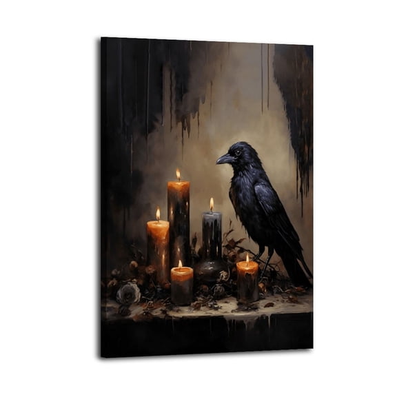 Framed Vintage Halloween Black Raven Canvas Wall Art, Gothic Dark Academia Crow Pictures Wall Decor, Spooky Moody Candle,Indoor Halloween Home Decor,Ready to Hang Poster