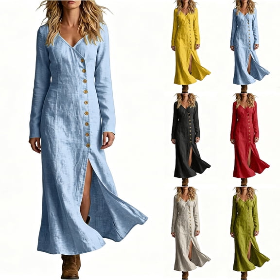 Mutghys Maxi Dresses for Women Side Slit Button Up V Neck Dresses Daily Vacation Slim Comfy Casual Dress S-3XL