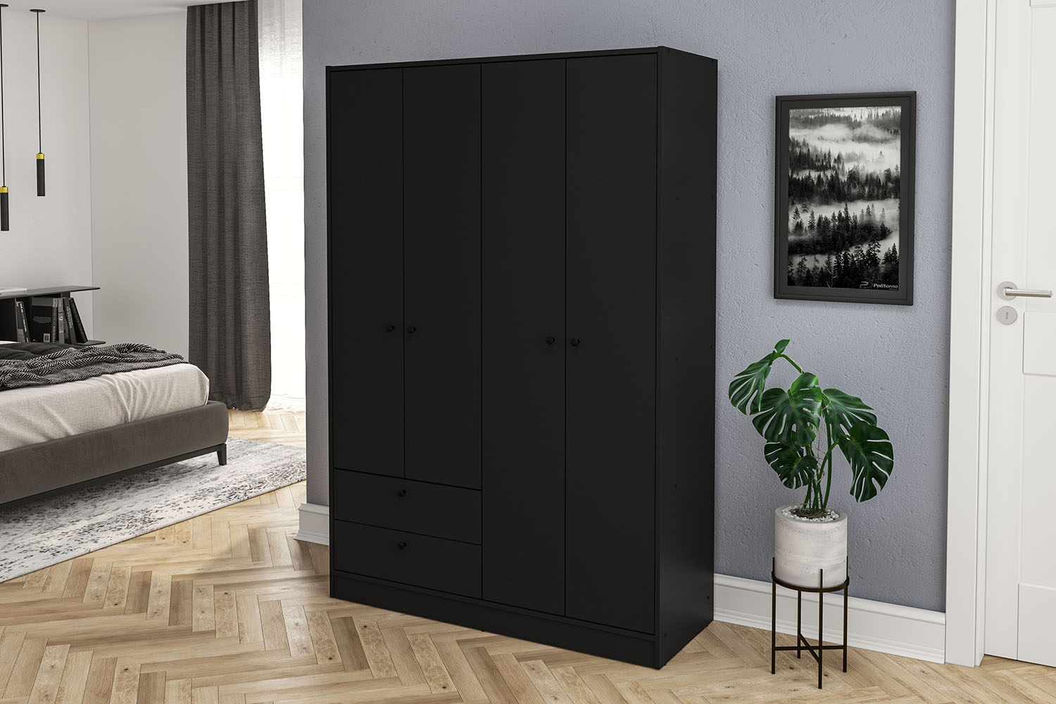 Polifurniture Denmark 4 Door Bedroom Armoire with Drawers, Black