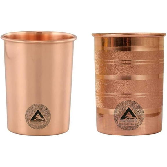 Copper Glasses Drinking Water Set of 2 Ayurvedic Health Benefits Tumblers Copper Cups 10.14 Oz (300 ml) Plain Silver Touch