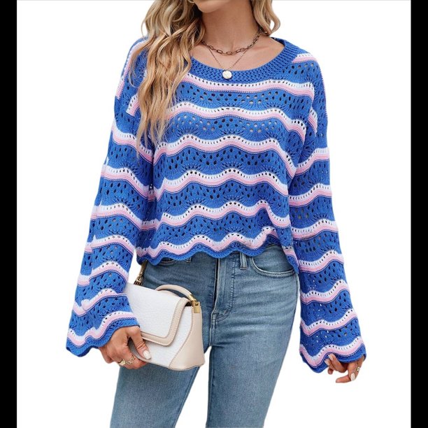 Traje de Baño de Crochet para Mujer, Vestido de Tejida, para Vacaciones, Verano 2025 Azul L