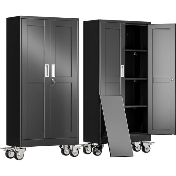61" H Metal Garage Storage Cabinet, Rolling Tool Cabinet with 2 Doors and Wheels, Locker Steel Cabinet with 3 Adjustable Shelves, Organization Cabinet for Garage,Office,Home,Gym,School(Black)