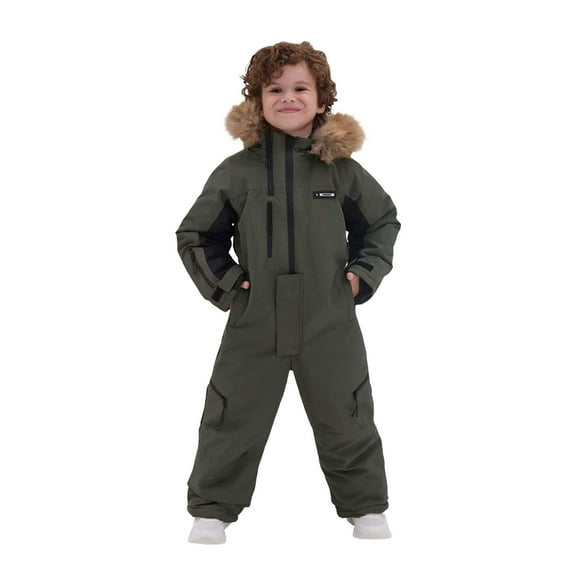 KAUOD Kids One Piece Snowsuits Waterproof Faux-F𝐮r Hood Snowboard Ski Jumpsuits Boys Girls Outdoor Insulated Snow Suits