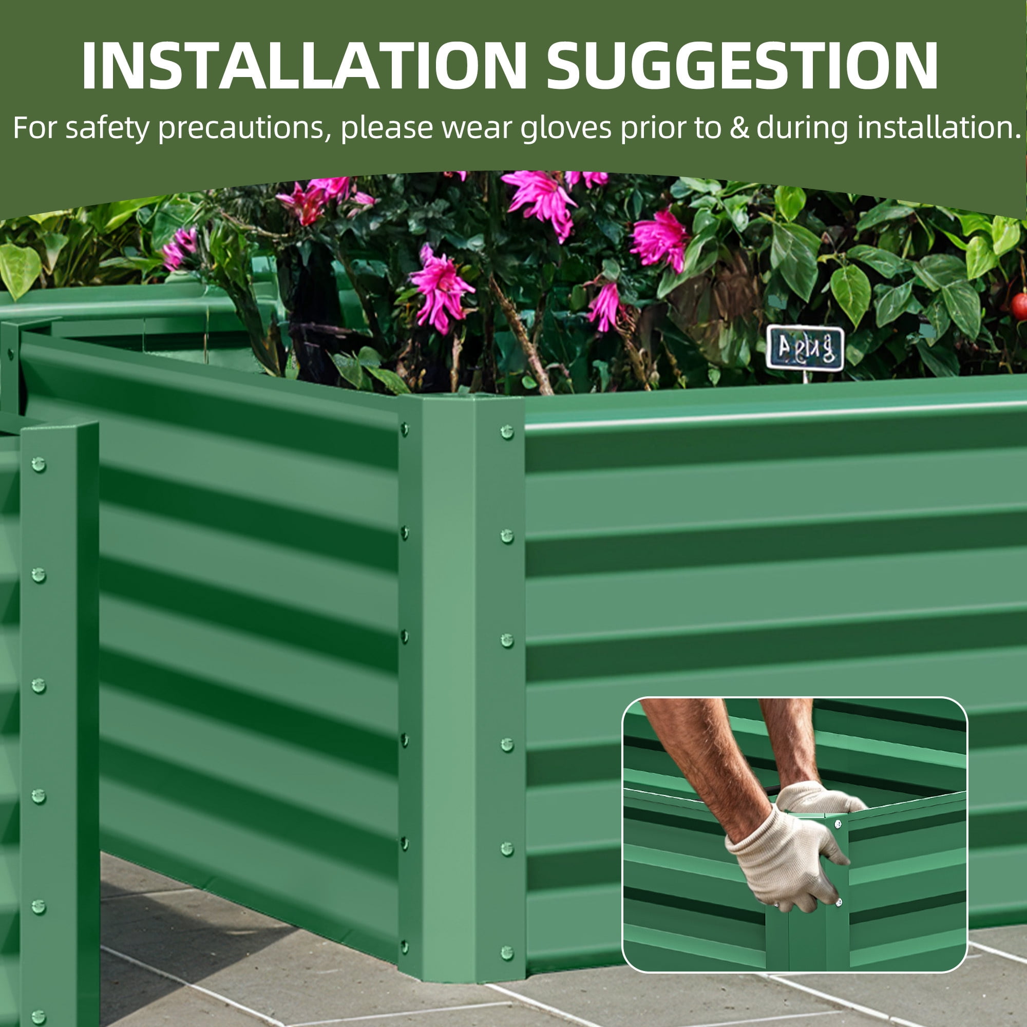 Uforic 6x3x1.5ft Galvanized Metal Raised Garden Bed Kit, Outdoor Planter Box with Gloves & Support Rod for Vegetables Flowers, Green