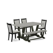 East West Furniture 6 Pc Kitchen Table Set - A Cement Top Dining Room Table with Wooden Bench and 4 Shitake Linen Fabric Upholstered Parson Chairs - Wire Brushed Black Finish