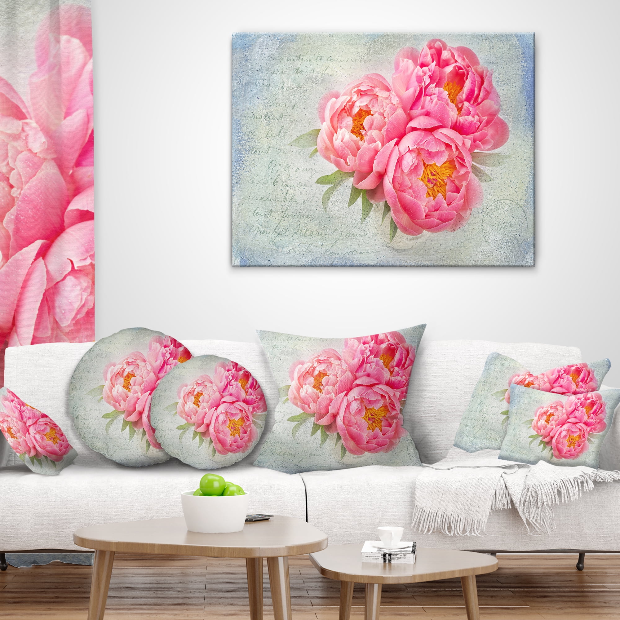 Designart Pink Peony Flowers in White Vase - Floral Throw Pillow - 18x18