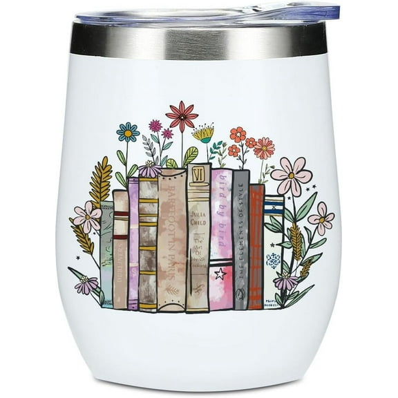 Wine Tumbler, 12 oz Coffee Mug Travel Insulated Cup Vacuum Wine Glass with Lid, Book Lovers Gifts Birthday Christmas Thanksgiving Reading Book Accessories Bookish Librarian Gifts for Women Mom Grandma