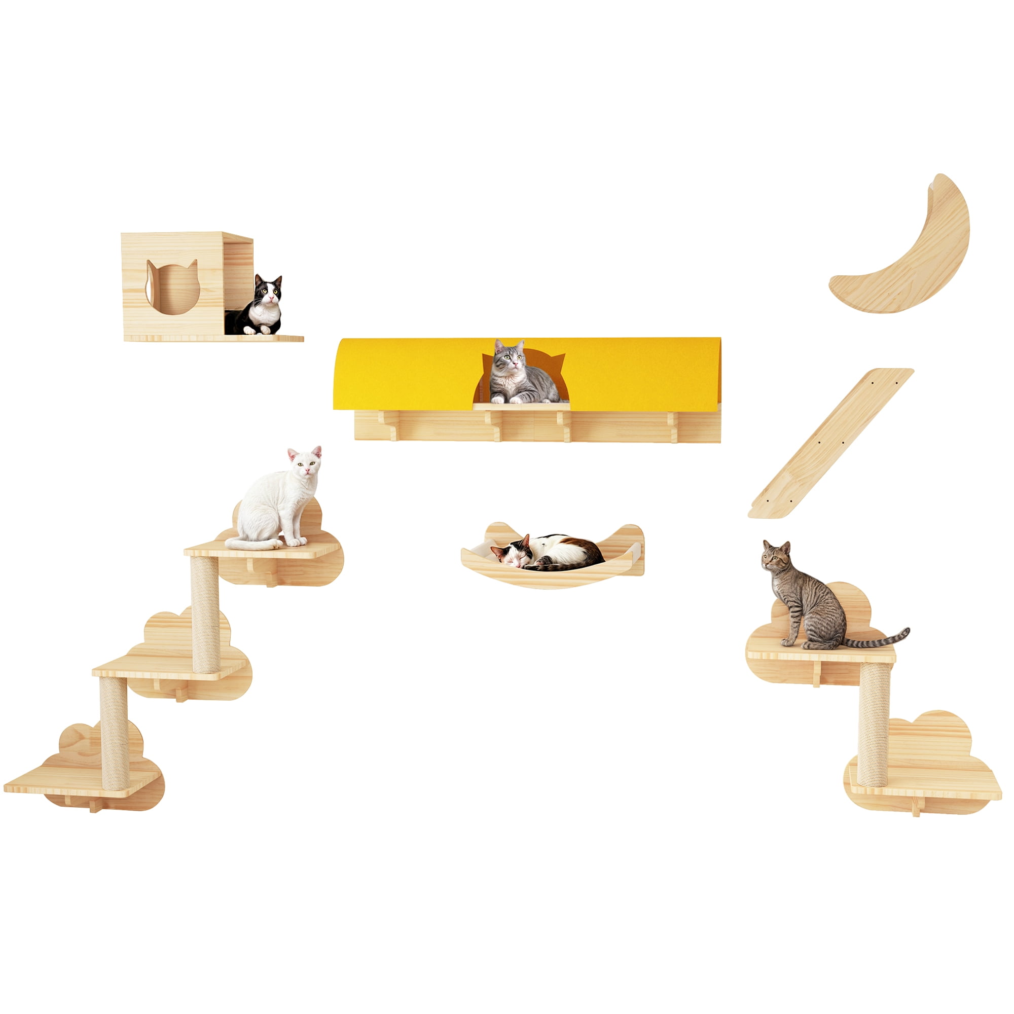Homiflex Cat Wall Shelves Set, 13PCS Wooden Cat Wall Furniture with Tunnel/House for Multiple Cats