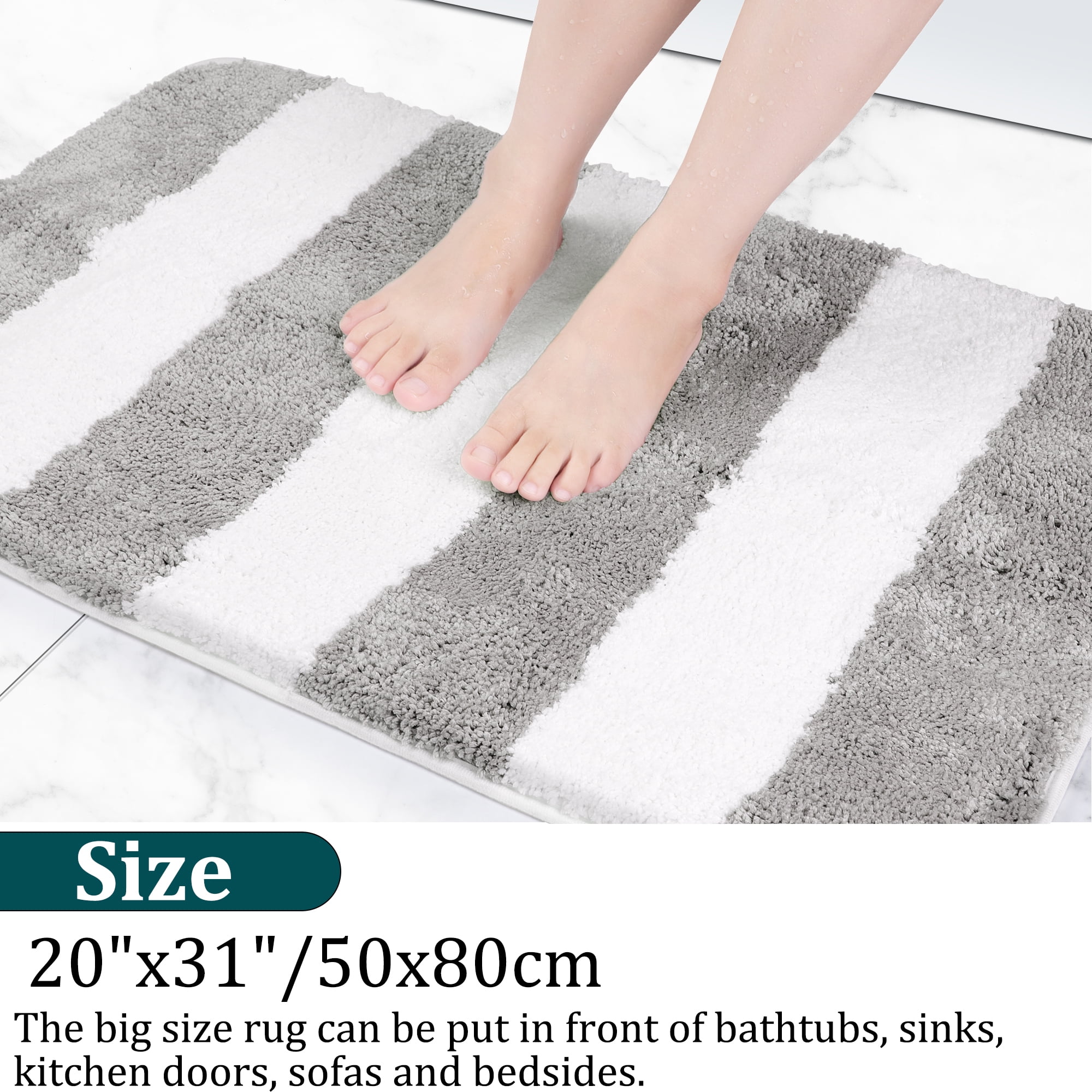 Unique Bargains Non Slip Microfiber Striped Bathroom Rugs Gray&White 20"x31"