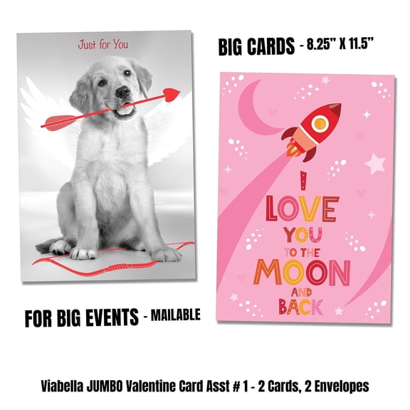 Viabella Jumbo Valentine Card Asst Moon and Stars - 2 Cards, 2 Envelopes