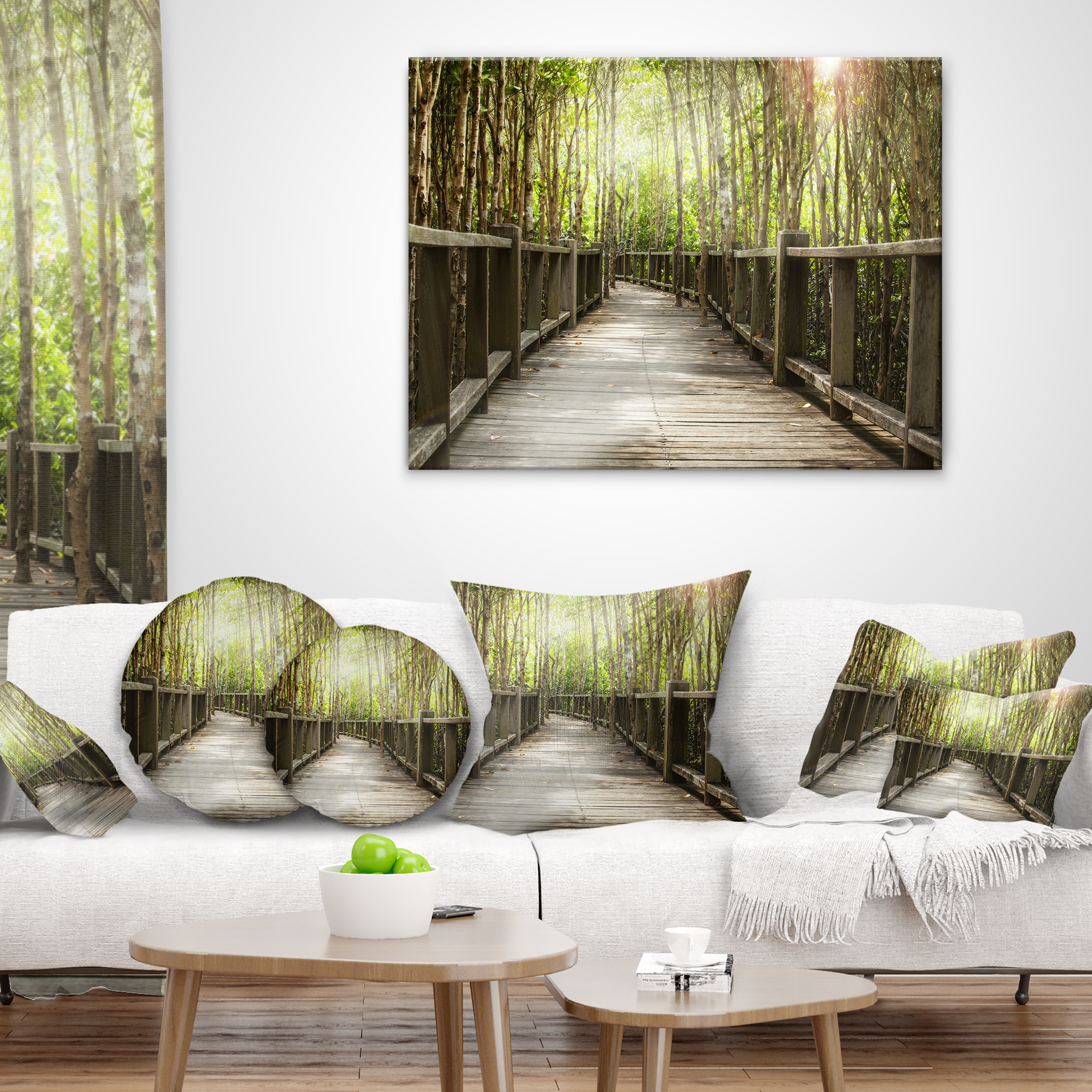 Designart Wooden Bridge in Forest - Landscape Photography Throw Pillow - 16x16