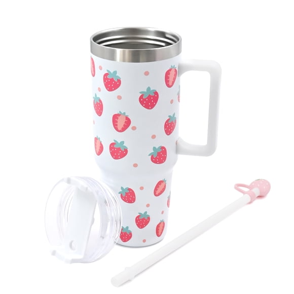 PartyAire® Strawberry Stainless Steel Tumbler with Handle, Reusable Straw & Topper – White, 30 oz