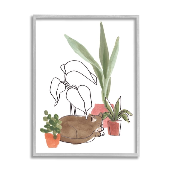 Stupell Industries Sleeping Cat Indoor Pet Terracotta Plants Big Palms, 24 x 30, Design by June Erica Vess