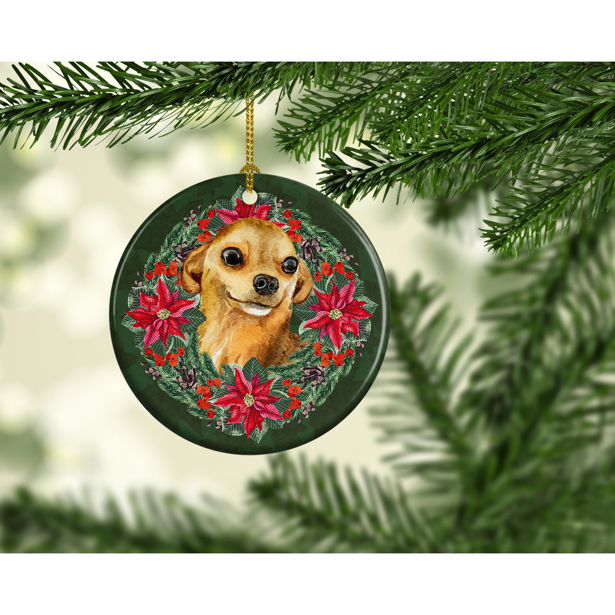 Chihuahua Poinsetta Wreath Ceramic Ornament 2.8 in x 2.8 in