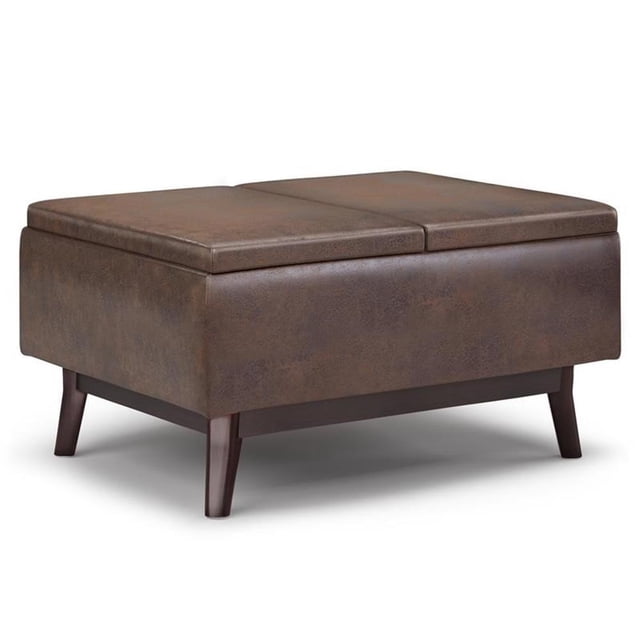 Owen 34 in.W Storage Coffee Table in Distressed Chestnut Brown Faux Leather