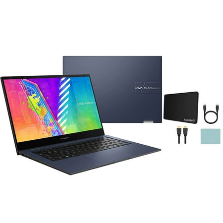 ASUS VivoBook Go 14 Flip Thin and Light 2-in-1 Laptop, 14 inch HD Touch, Intel Celeron N4500, 4GB RAM, 64GB eMMC, NumberPad, Windows 11, Quiet Blue, Office 365 1-Year Included + Mazepoly Accessories