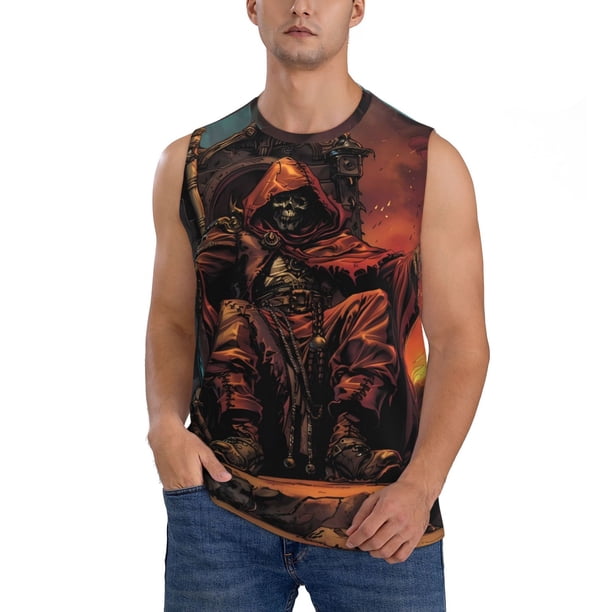 Fotbe Dark Skull King Throne Men's Camiseta sin Mangas Estampada para Hombres, Playera Casual para Gimnasio, Entrenamiento, Playa-Medium