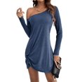 thumbnail image 2 of Womens One Shoulder Tunic Long Sleeve Solid Twist Hem Mini Dress Dressy Casual Loose Spring Summer Dress Blue XL, 2 of 9