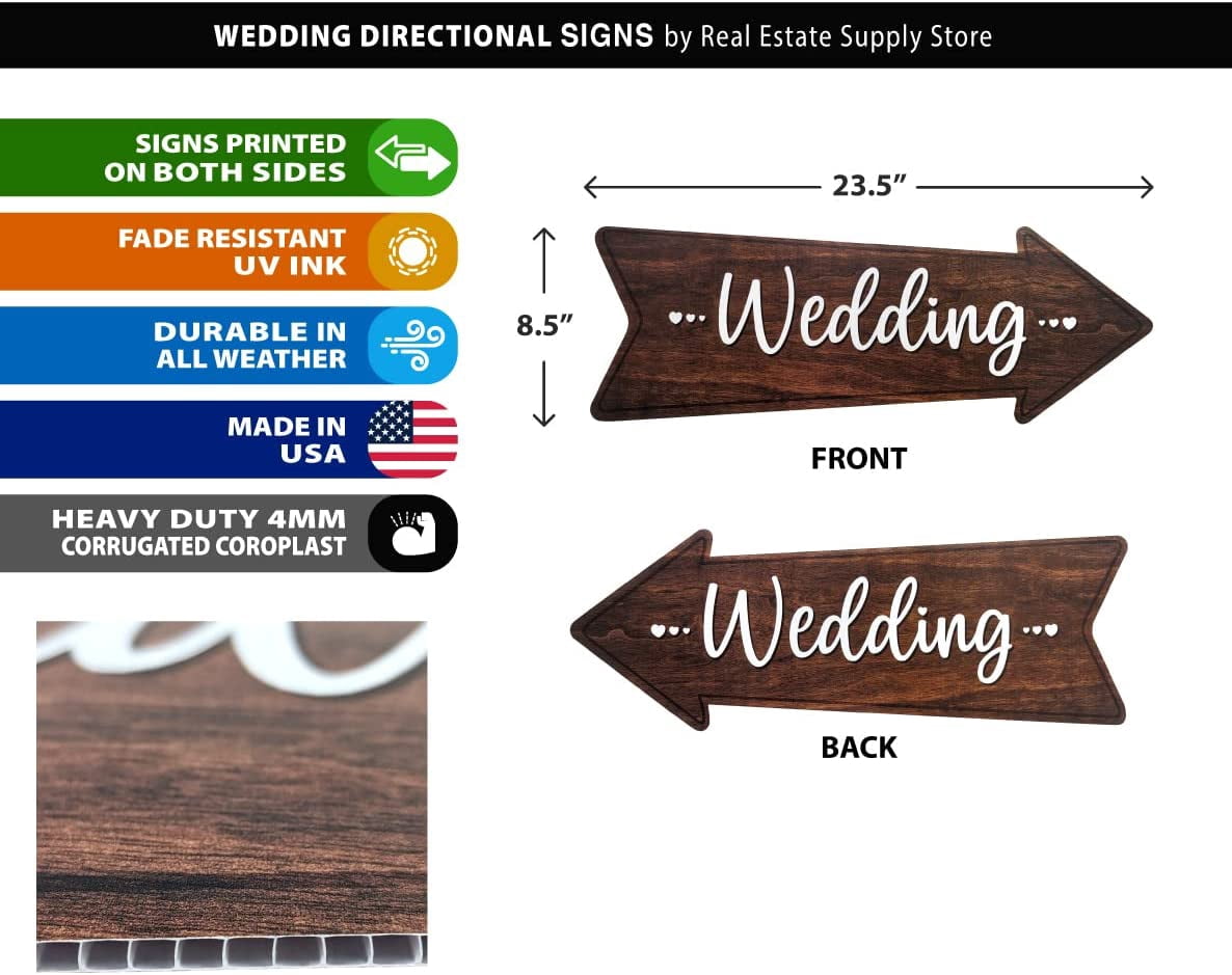 Wedding Directional Yard Sign 23.5 x 8.5, Waterproof, Wood Printed Design on Durable Coroplast with Tall Heavy Duty Yard Stakes (2 Pack)