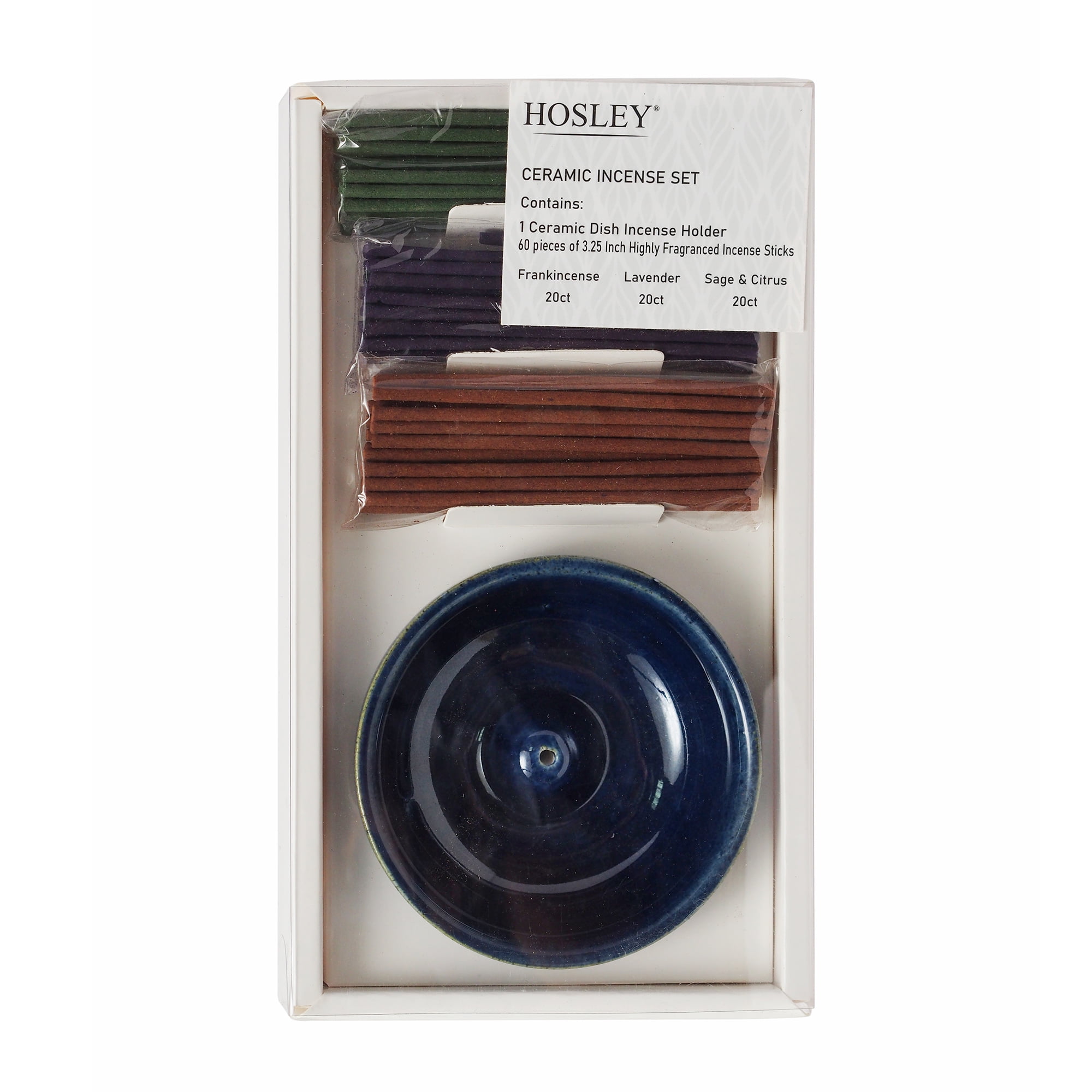 Hosley Dark Blue Ceramic Incense Dish Holder and Stick Set