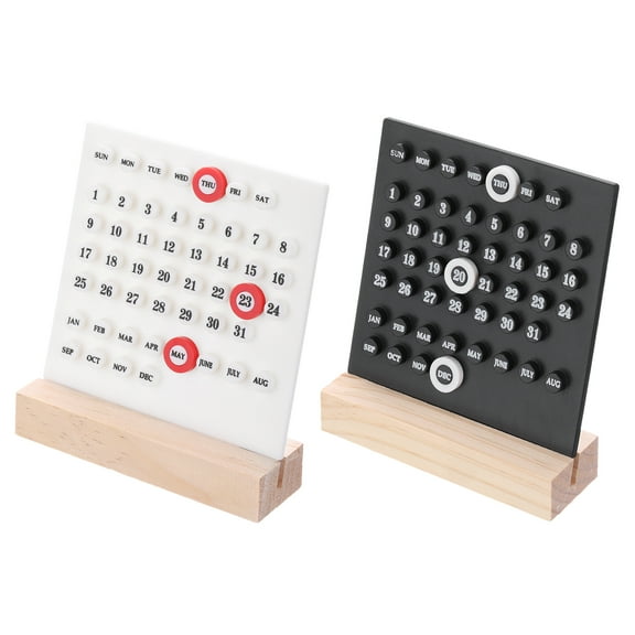 Wood Perpetual Calendar, 2 Pack Desktop Acrylic Calendar Stand Month Week Date Display for Desk, White Black