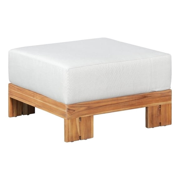 Pemberly Row Outdoor Solid Teak Wood Ottoman - Light gray fabric