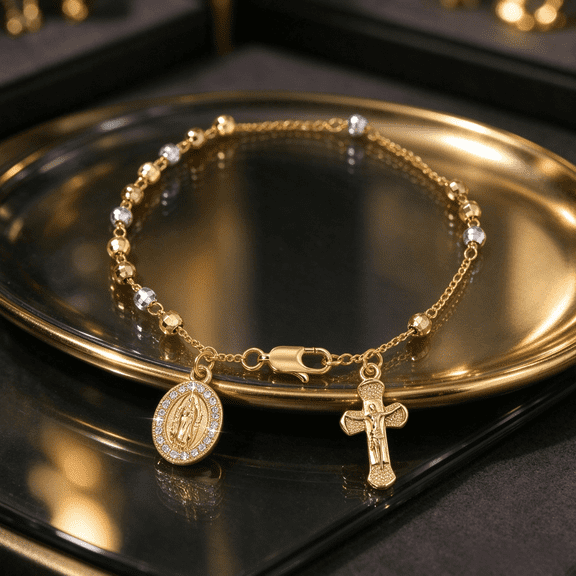 Rosary Style Beaded Bracelet With Virgin Mary Medal And Crucifix Charms For Men Women 14K Gold Filled Serene Devotional Jewelry