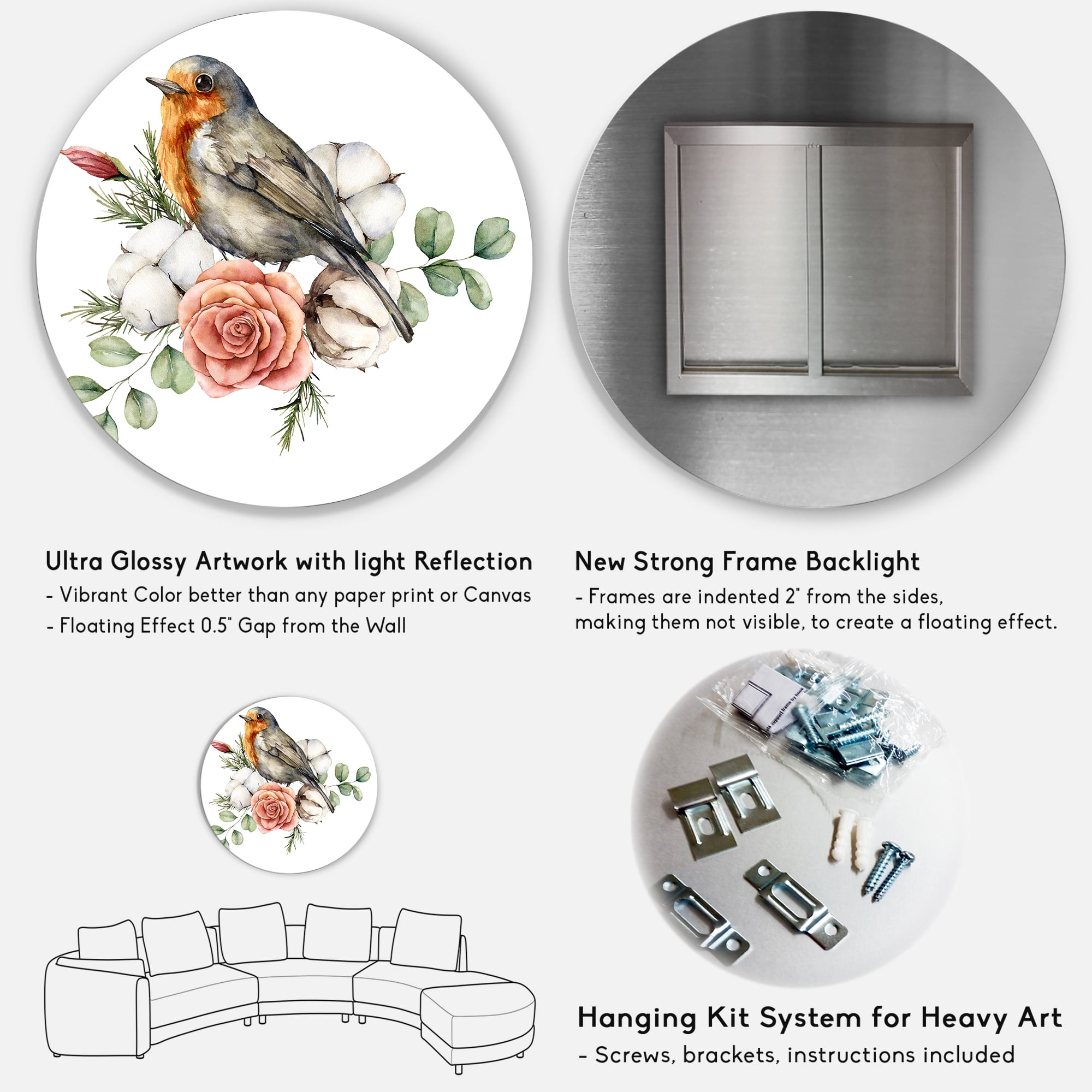 Designart 'Cotton Rose and Leaves With Robin Redbreast' Traditional Circle Metal Wall Art 36x36 - Disc of 36