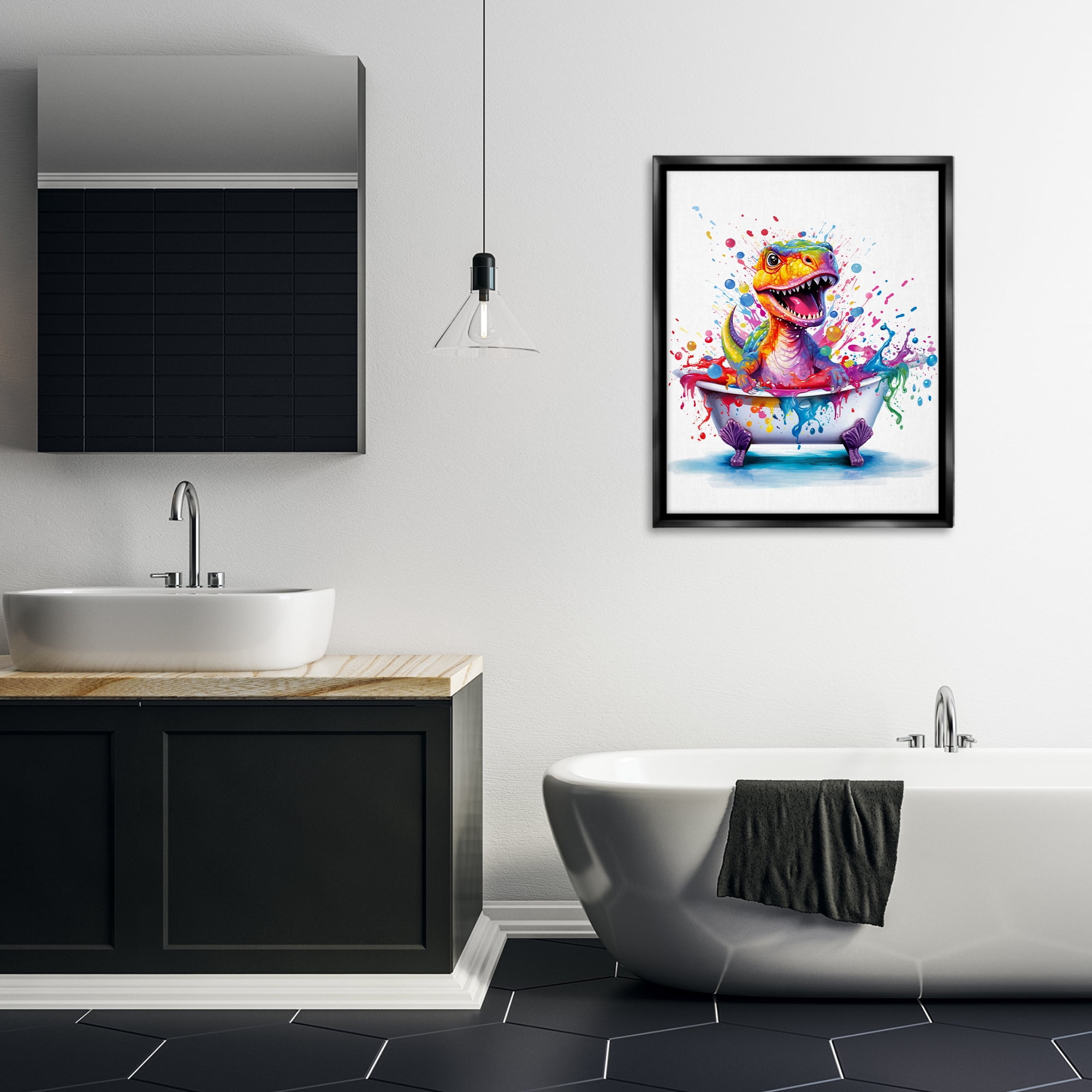Stupell Industries Modern Splatter Dino Typography Painting Black Floater Framed Canvas Art Print Wall Art, 25 x 31