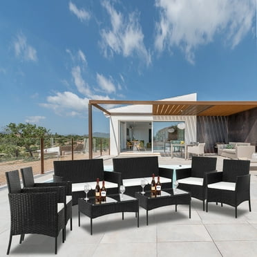 Ktaxon 8PCS Patio Rattan Furniture Set,Ratten Cushioned Sofa Coffee Table for Backyard Garden Porch,Black