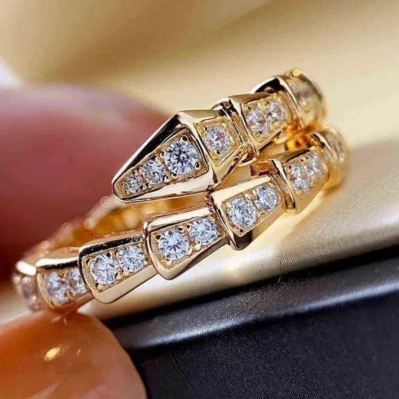 1.50 Ct Round Cut Moissanite Serpenti Viper Silver Ring 14K Yellow Gold Plated