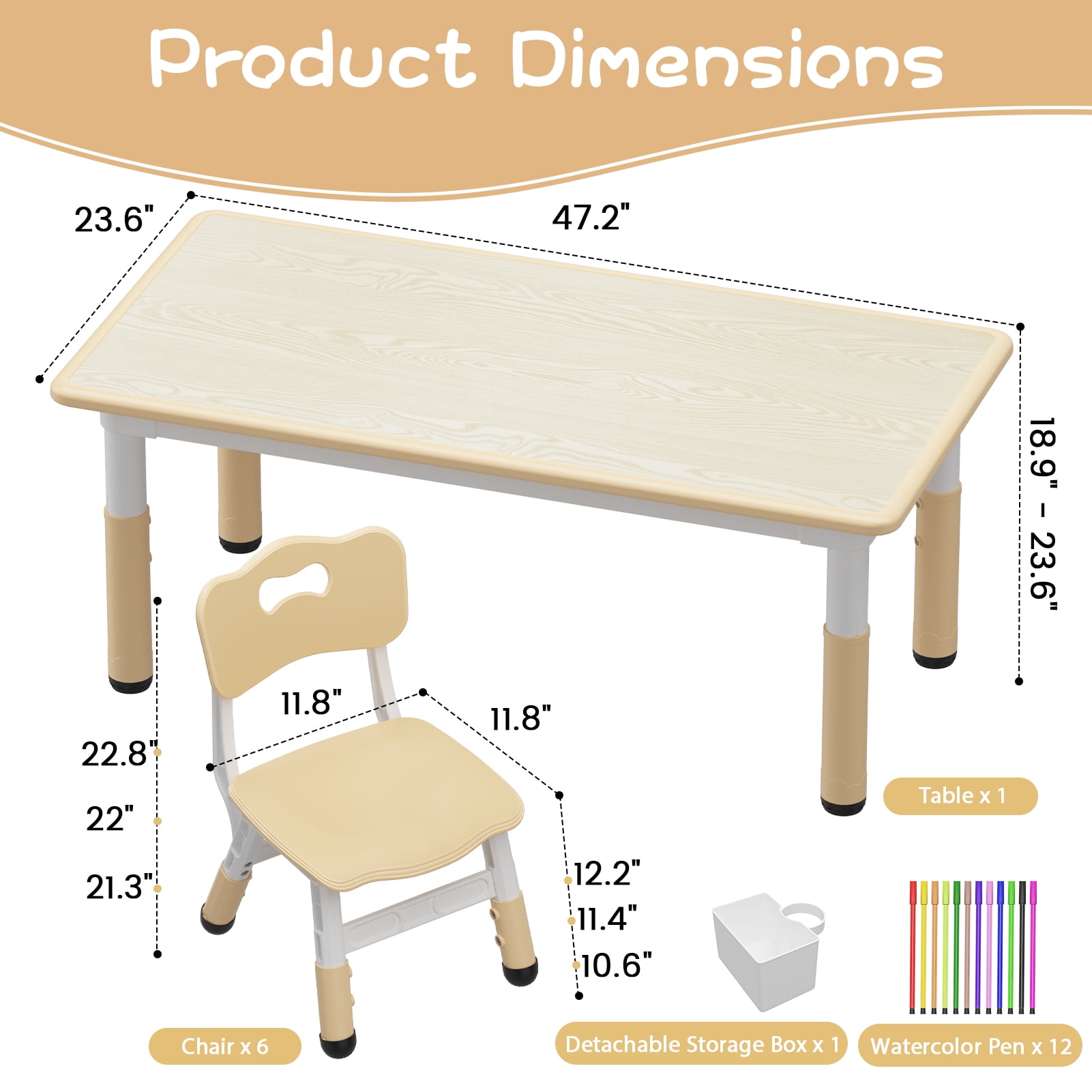COZONY Kids Table and Chair Set, Adjustable Height Toddler Table with 6 Seats, Non-Slip Legs, Graffiti Desktop for Ages 2-8