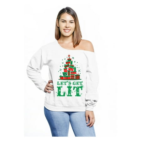 Awkward Styles Let's Get Lit Off Shoulder Sweatshirt Plus Size for Women Lit Ugly Christmas Sweater Oversized Funny Christmas Gifts Xmas Chunky Oversized Sweater Match with Christmas (Best Way To Get Woman Off)