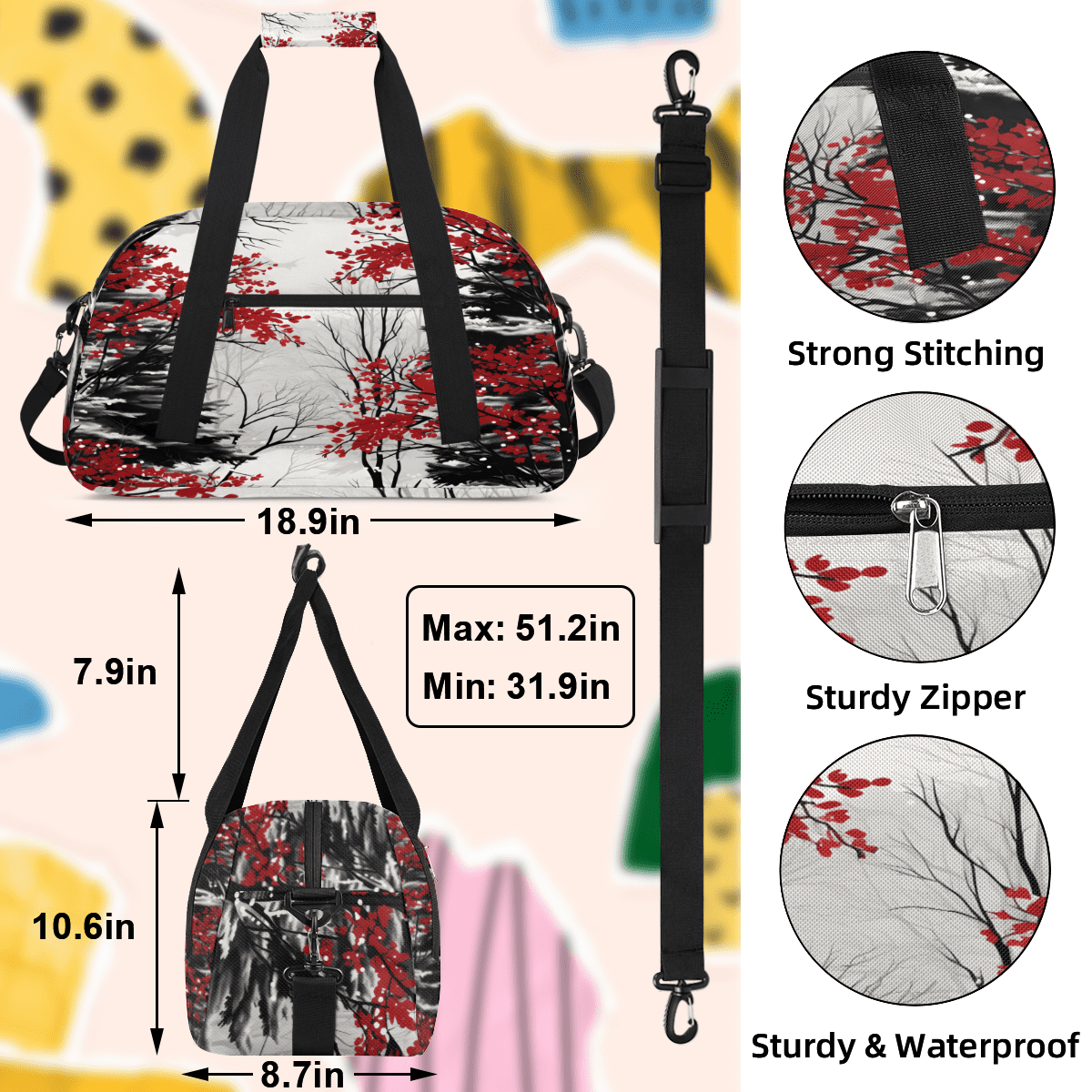 Herdesigns Japanese Style Sports Duffle Bag for Women & Men, Vintage Painting Gym Bag Dance Bag Overnight Bag Carry On Weekender Travel Bag