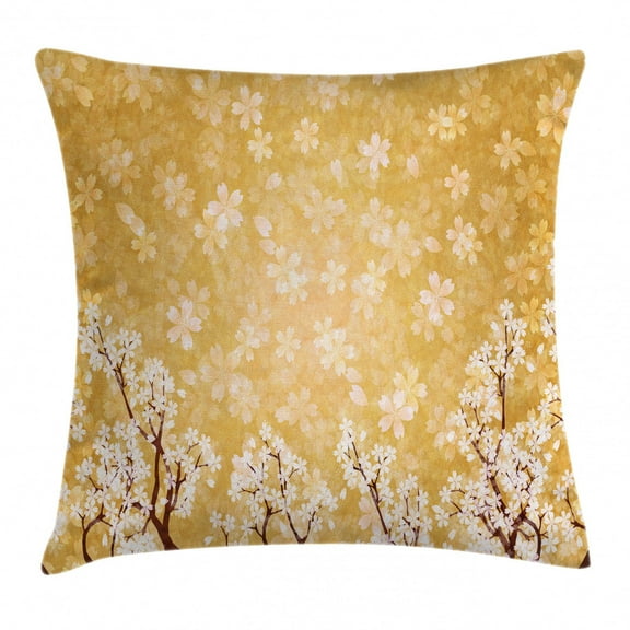 Floral Decor Throw Pillow Cushion Cover, Trees Blossoms Buds Flowers of Spring Season Pedals Bodies in Wind Image, Decorative Square Accent Pillow Case, 20 X 20 Inches, Yellow and White, by Ambesonne