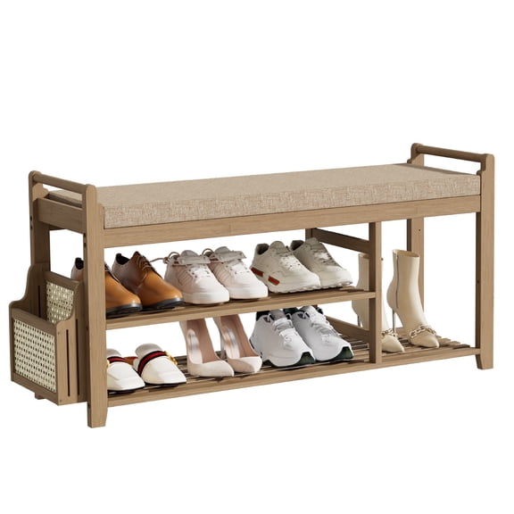 Smiry Shoe Rack Bench with Side Holder 39.4”, Bamboo Shoe Rack Organizer with Cushion for Entryway and Hallway, Walnut and Light Brown