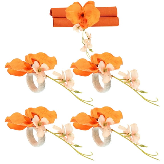 Handmade Orchid Flower Napkin Rings, Handcraft Floral Napkin Holder, Orange 4 Pack