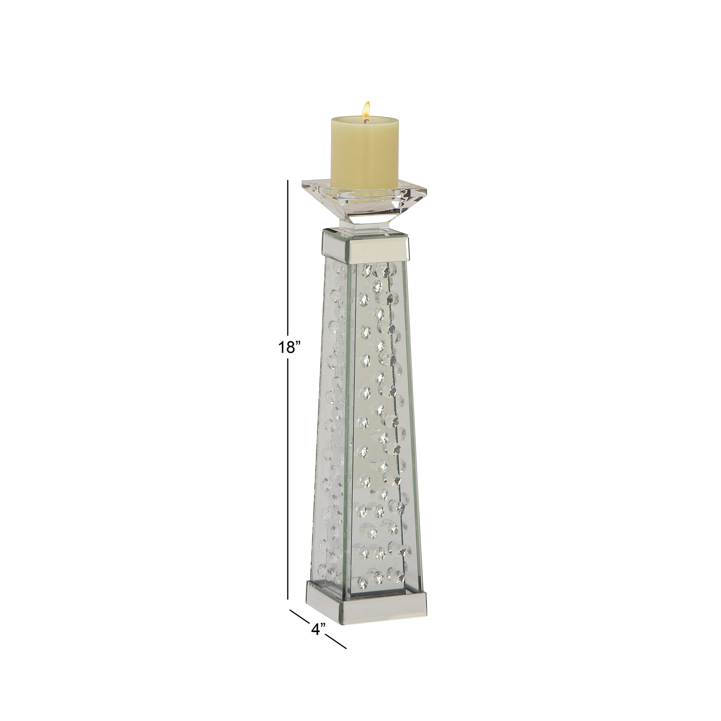 DecMode Silver Glass Pillar Candle Holder with Mirrored Accents and Crystals