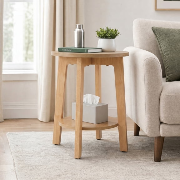 EDX Small Round End Table, Modern Nightstand with Tapered Legs, 2-Tier Storage Side Table, Easy Assembly, Space-Saving Accent Table for Living Room Bedroom, Natural Wood