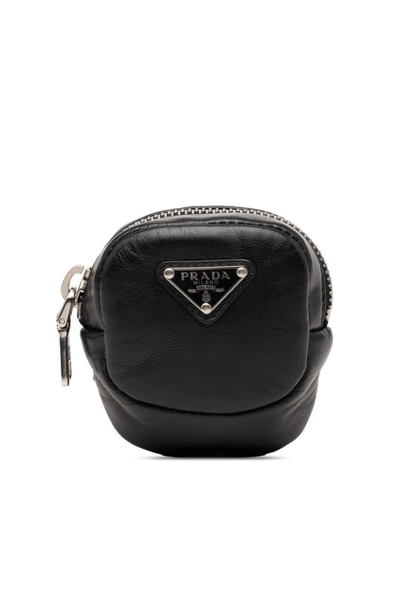 Pre-Owned Prada Triangle Logo Plate Elastic Band Mini Handbag Pouch 1TT137 Black Leather...