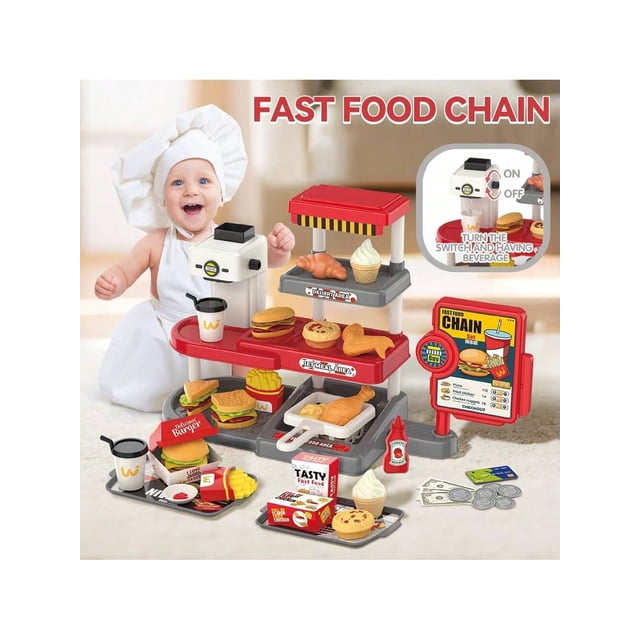 71pcs Pretend Play Kitchen Fast Food Toy Set With Sound Effect & Water Dispenser, Suitable For Girls And Boys